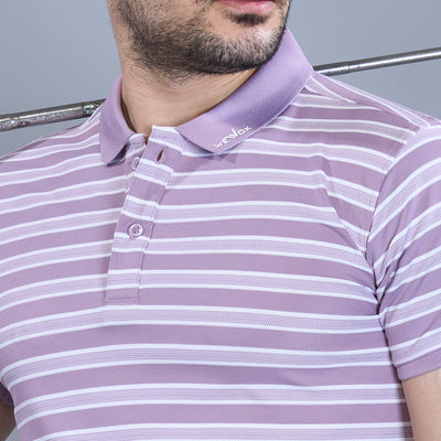 WEWOK Men Striped Regular Fit Half Sleeve Polo Neck Lavender T-Shirt