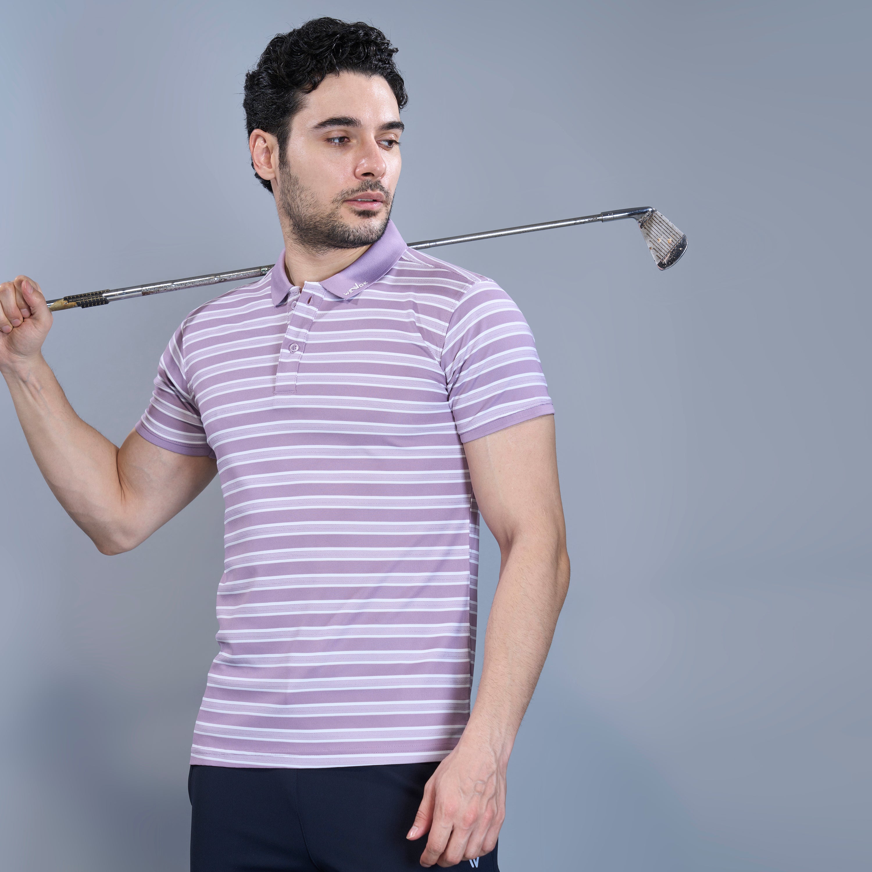 WEWOK Men Striped Regular Fit Half Sleeve Polo Neck Lavender T-Shirt