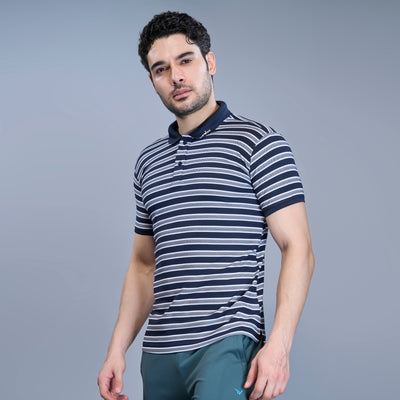 WEWOK Men Striped Regular Fit Half Sleeve Polo Neck Navy Blue T-Shirt