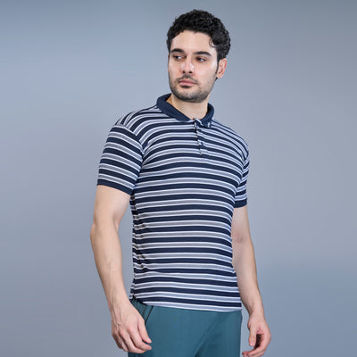 WEWOK Men Striped Regular Fit Half Sleeve Polo Neck Navy Blue T-Shirt