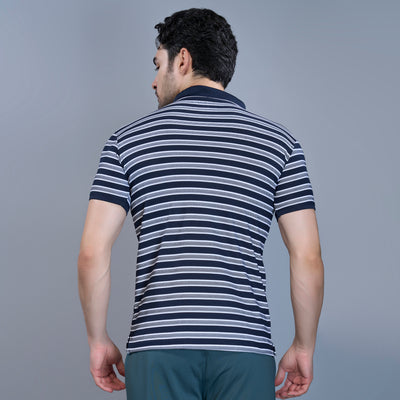 WEWOK Men Striped Regular Fit Half Sleeve Polo Neck Navy Blue T-Shirt