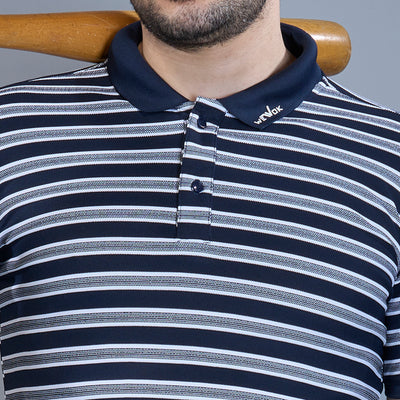 WEWOK Men Striped Regular Fit Half Sleeve Polo Neck Navy Blue T-Shirt