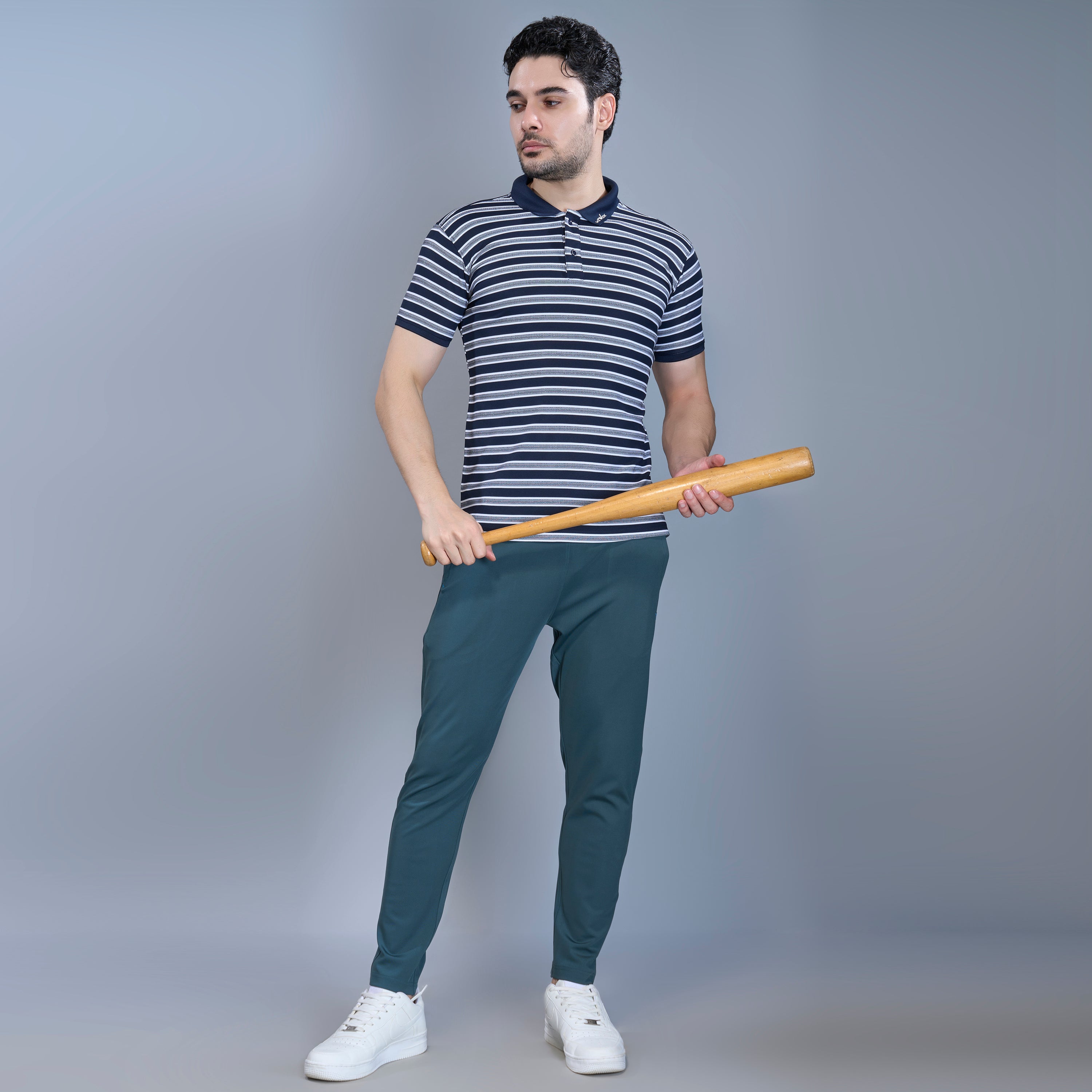 WEWOK Men Striped Regular Fit Half Sleeve Polo Neck Navy Blue T-Shirt