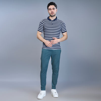 WEWOK Men Striped Regular Fit Half Sleeve Polo Neck Navy Blue T-Shirt