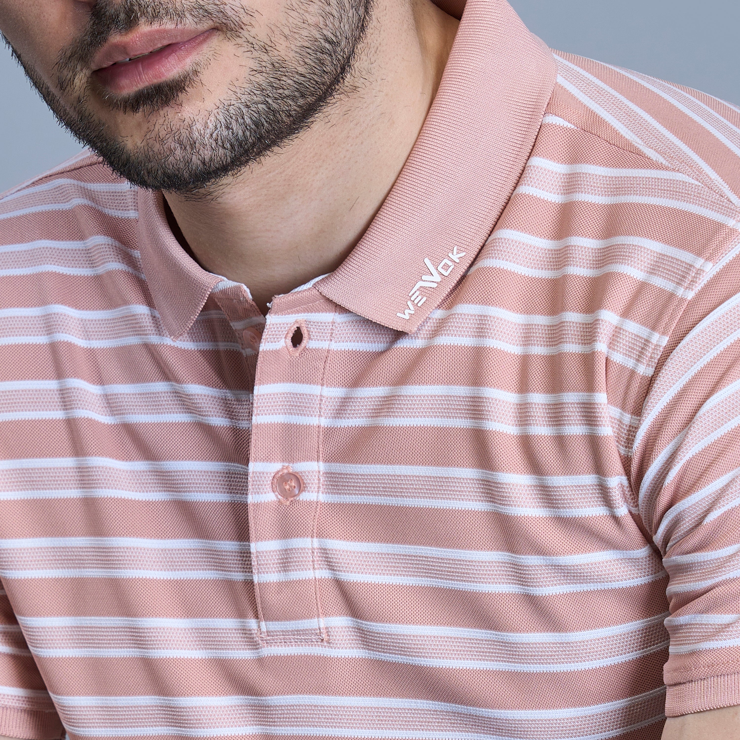 WEWOK Men Striped Regular Fit Half Sleeve Polo Neck Peach T-Shirt