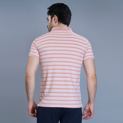 WEWOK Men Striped Regular Fit Half Sleeve Polo Neck Peach T-Shirt