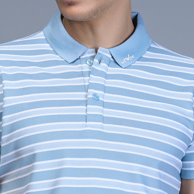 WEWOK Men Striped Regular Fit Half Sleeve Polo Neck Sky Blue T-Shirt