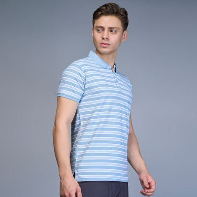 WEWOK Men Striped Regular Fit Half Sleeve Polo Neck Sky Blue T-Shirt