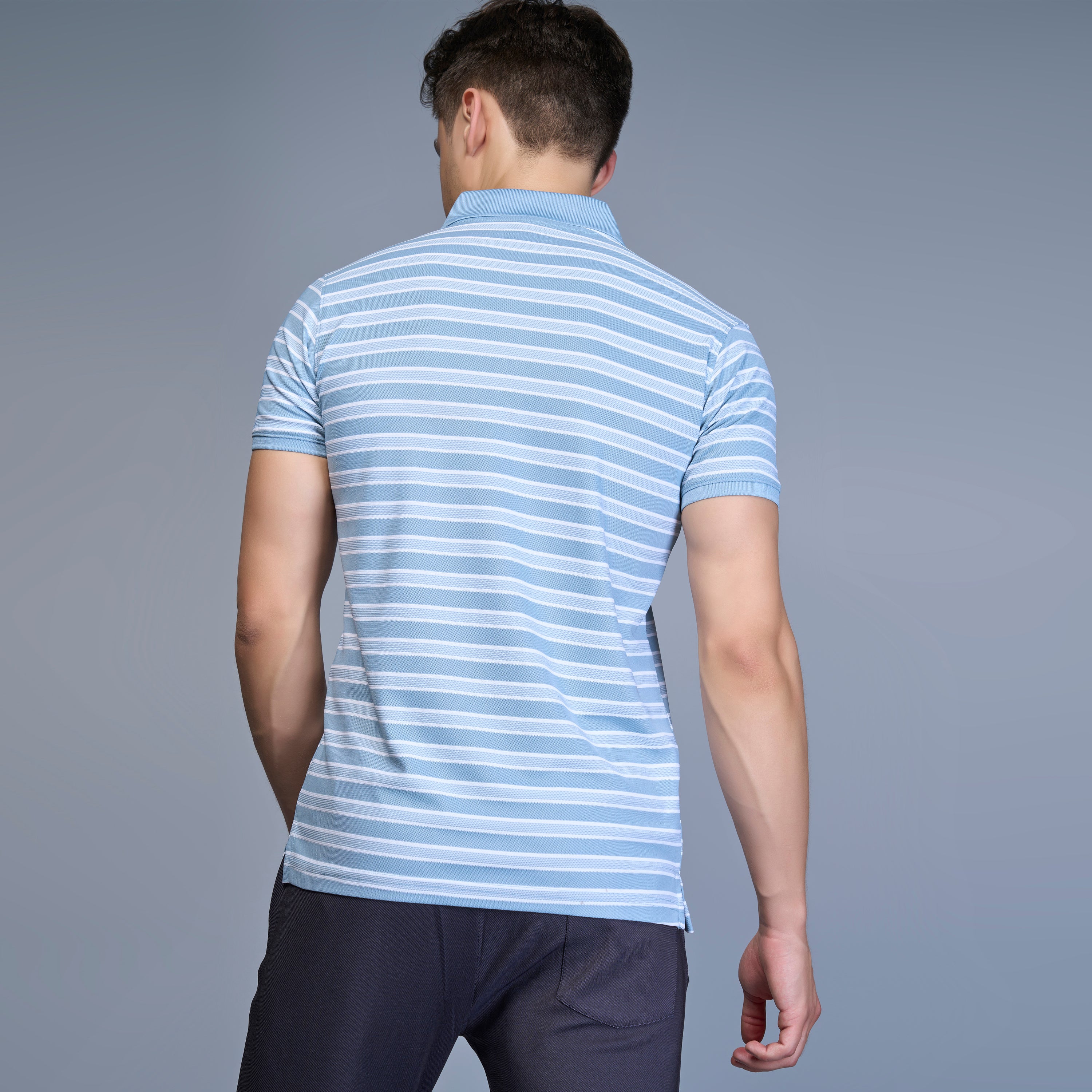 WEWOK Men Striped Regular Fit Half Sleeve Polo Neck Sky Blue T-Shirt