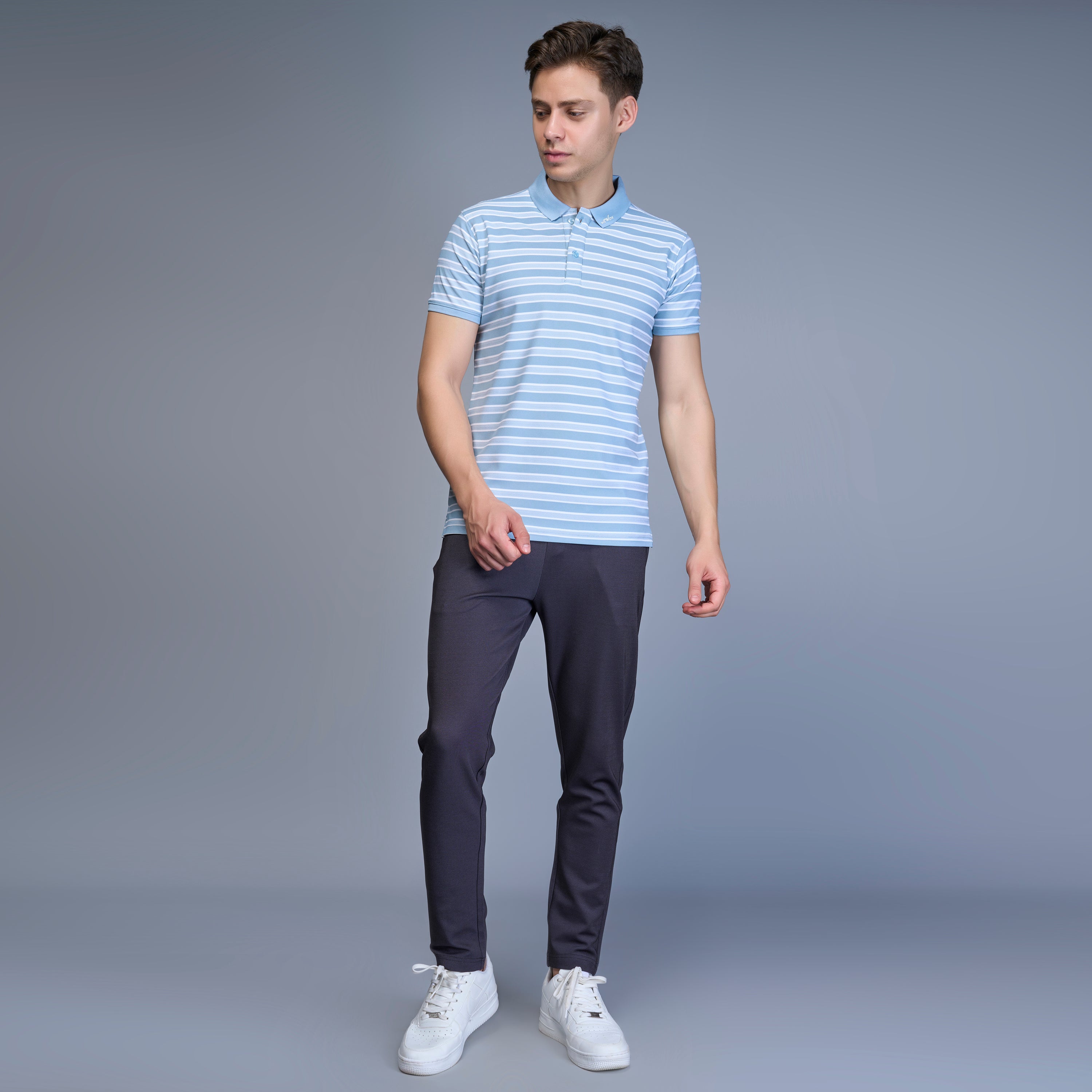 WEWOK Men Striped Regular Fit Half Sleeve Polo Neck Sky Blue T-Shirt