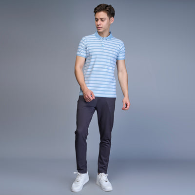 WEWOK Men Striped Regular Fit Half Sleeve Polo Neck Sky Blue T-Shirt